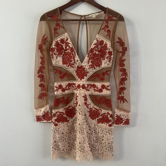 For Love And Lemons Long Sleeve Dress in Cream and Red - Picture 3 of 9